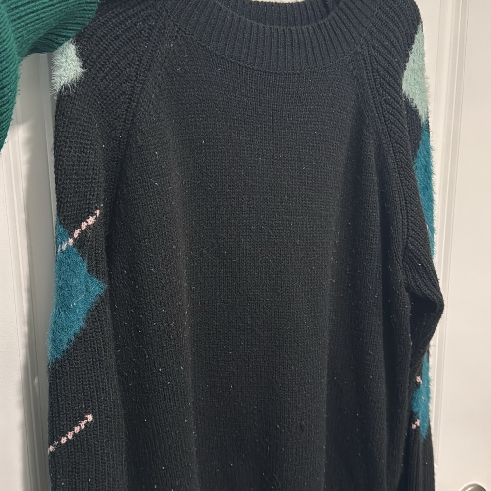 Women's Black Sweater with Teal and Pink Accents
